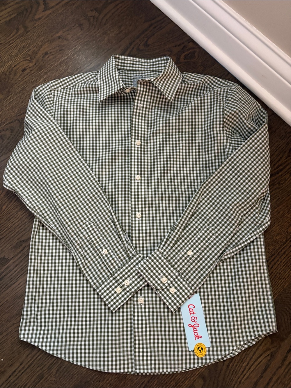 NWT Cat & Jack Green and White Gingham Button-Down Dress Shirt